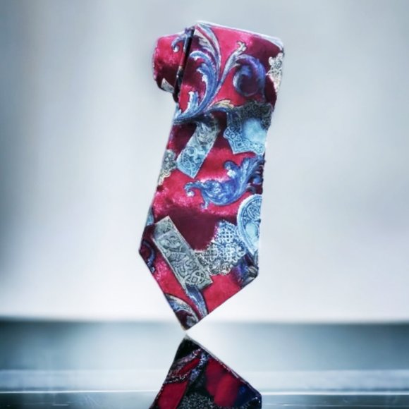 Vintage Silk Tie Red Blue Printed, Bill Blass - Picture 1 of 7